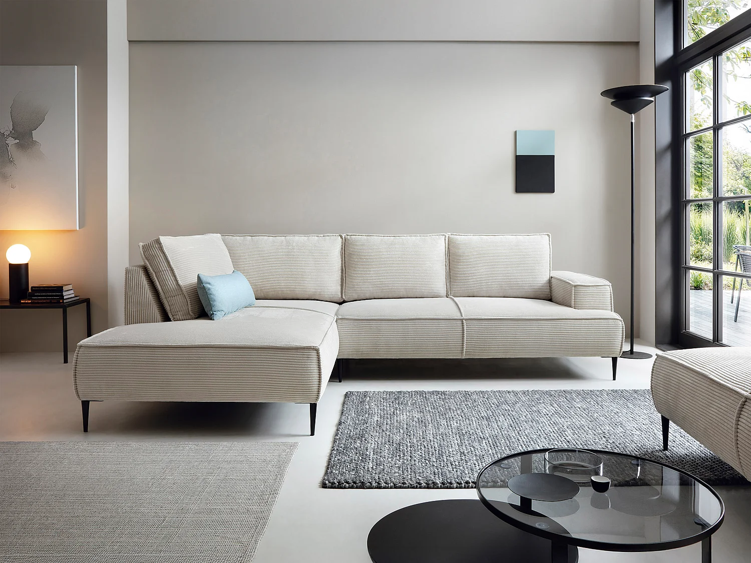 Grote hoekbank met hoek links van beige ribfluweel GINETO