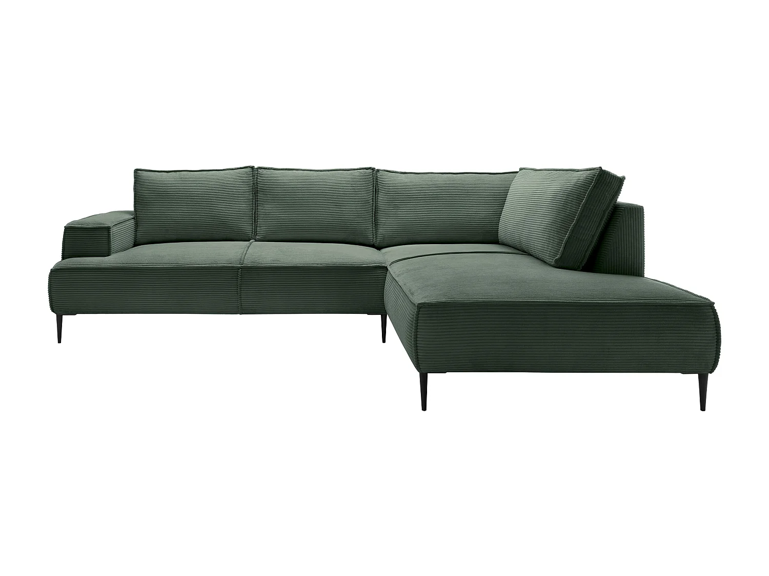 Kanapa narożna prawostronna dużych rozmiarów ze sztruksu w butelkowej zieleni - GINETO