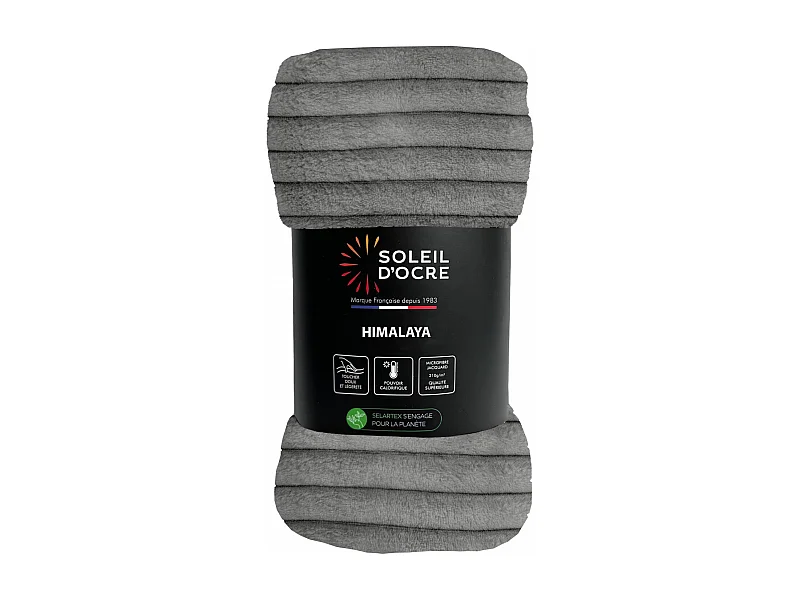 Couvre lit flanelle et velours 180x220 cm HIMALAYA gris, par Soleil d'ocre