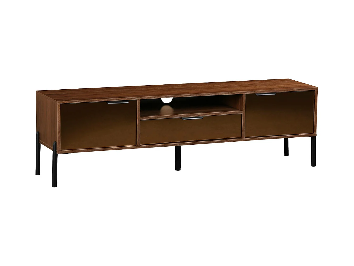 Meuble TV vintage effet bois de noyer. finition vitre fumée. pieds et poignées en métal. L 151.5 x 38 x 44.7cm