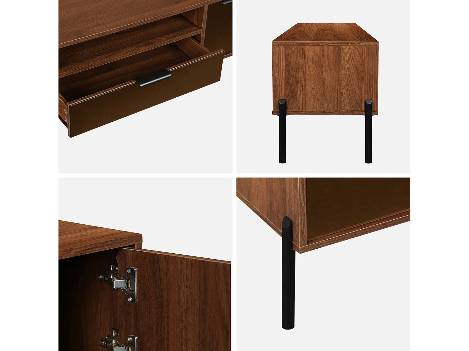 Meuble TV vintage décor bois de noyer. finition vitre fumée. pieds et poignées en métal. L 151.5 x 38 x 44.7cm