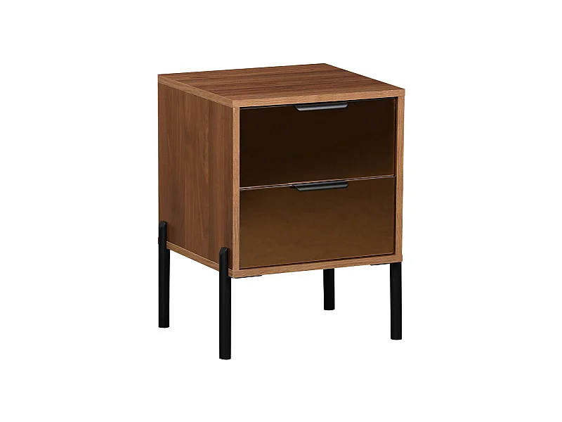 Mesita  de noche vintage de 2 cajones con cristal ahumado nogal