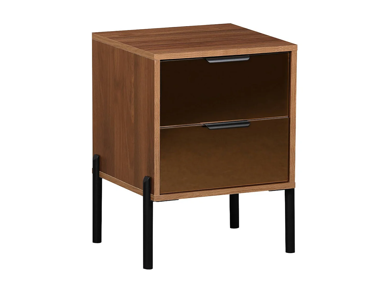 Table de chevet vintage 2 tiroirs décor bois et vitres fumées. L 43 x P 38 x H 54.8cm