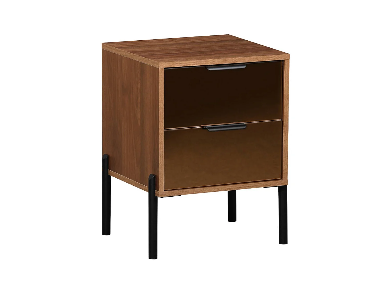 Table de chevet vintage 2 tiroirs effet bois et vitres fumées. L 43 x P 38 x H 54.8cm