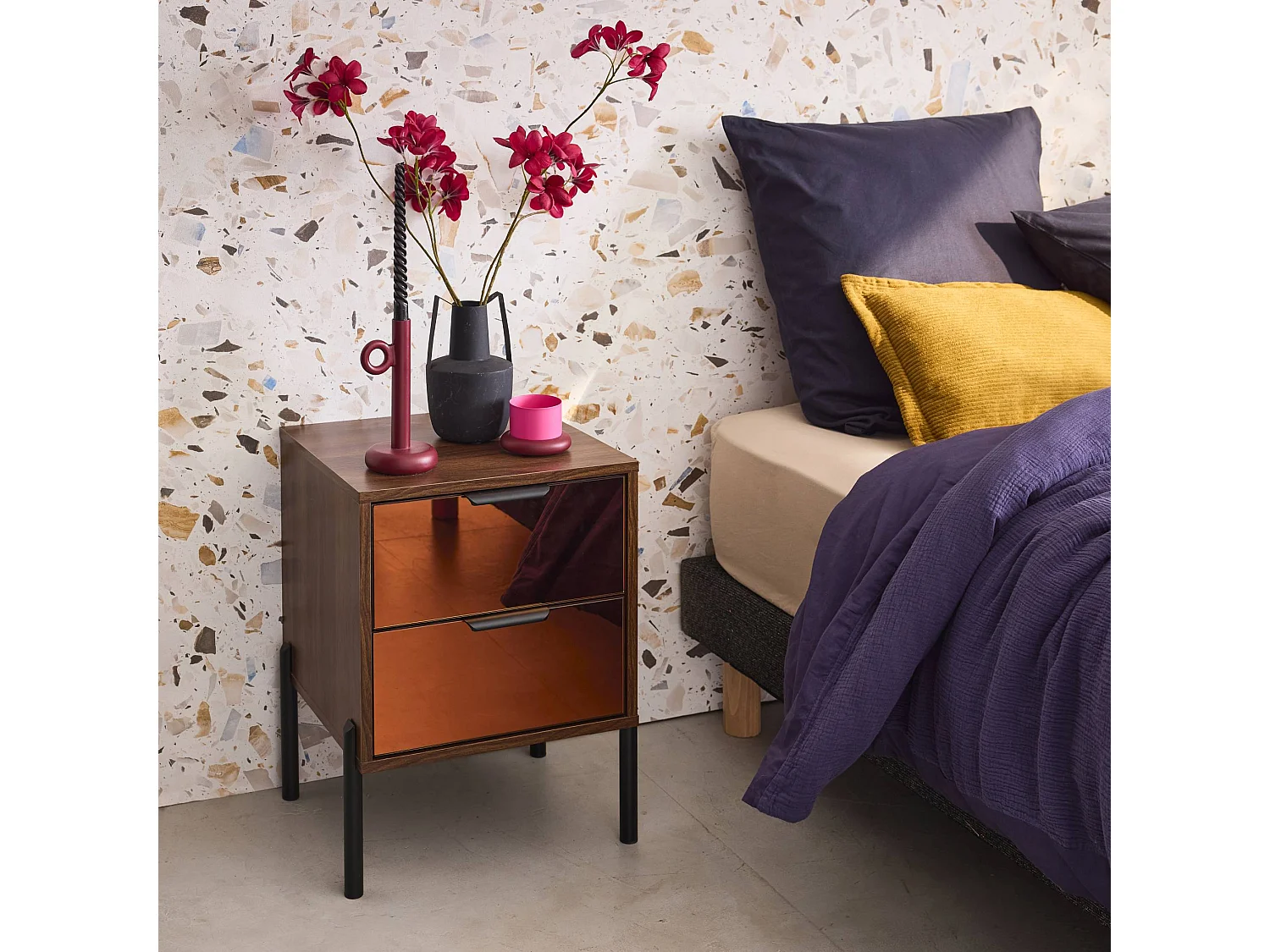 Comodino vintage a 2 cassetti con effetto legno, noce