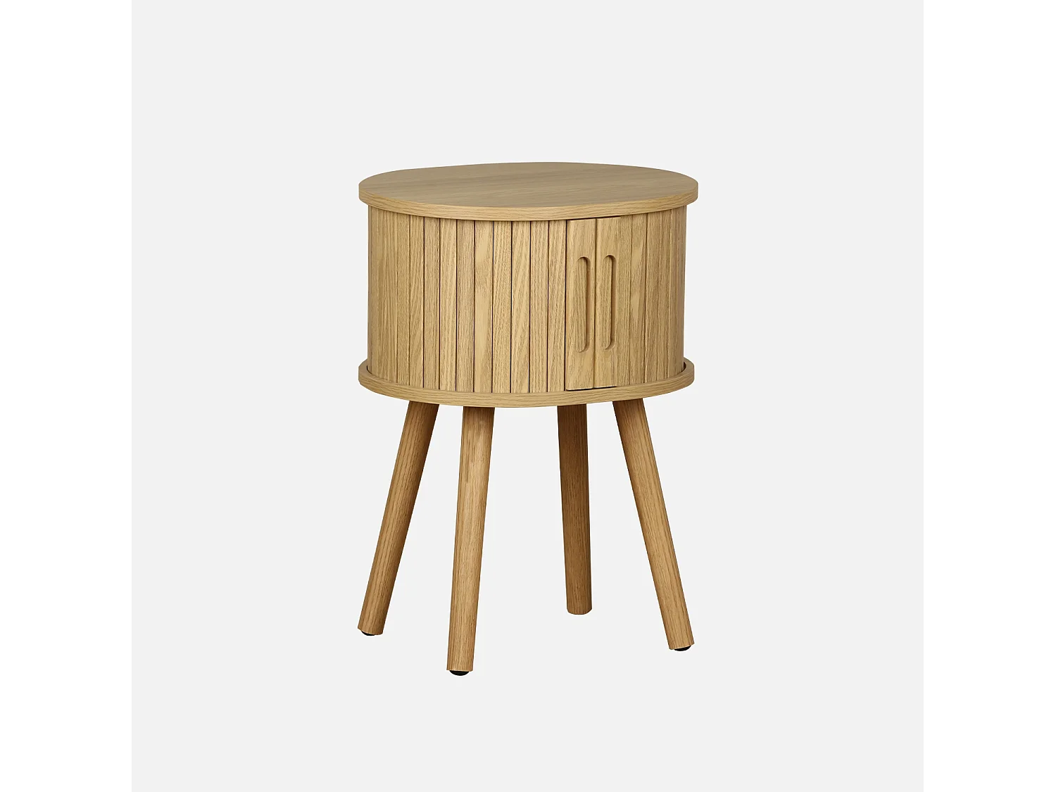 Table de chevet ovale 2 portes coulissantes poignées creusées. effet bois rainuré. L40 x l34 x H54.8cm