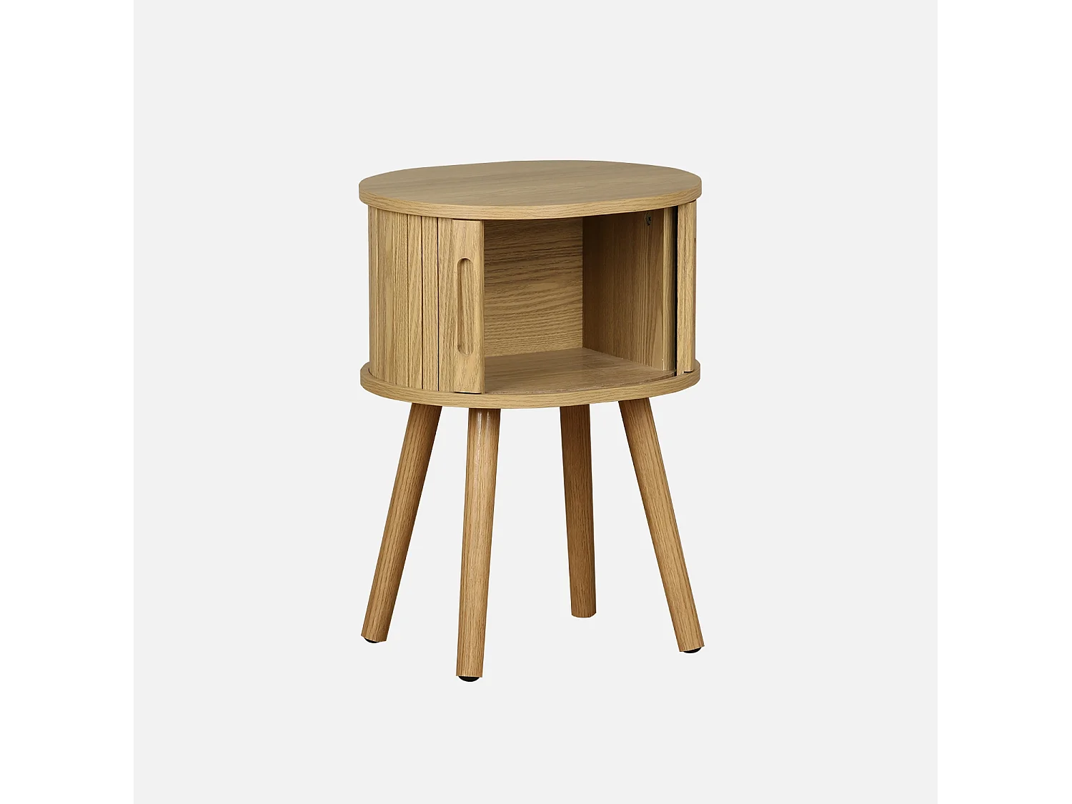 Table de chevet ovale 2 portes coulissantes poignées creusées. effet bois rainuré. L40 x l34 x H54.8cm