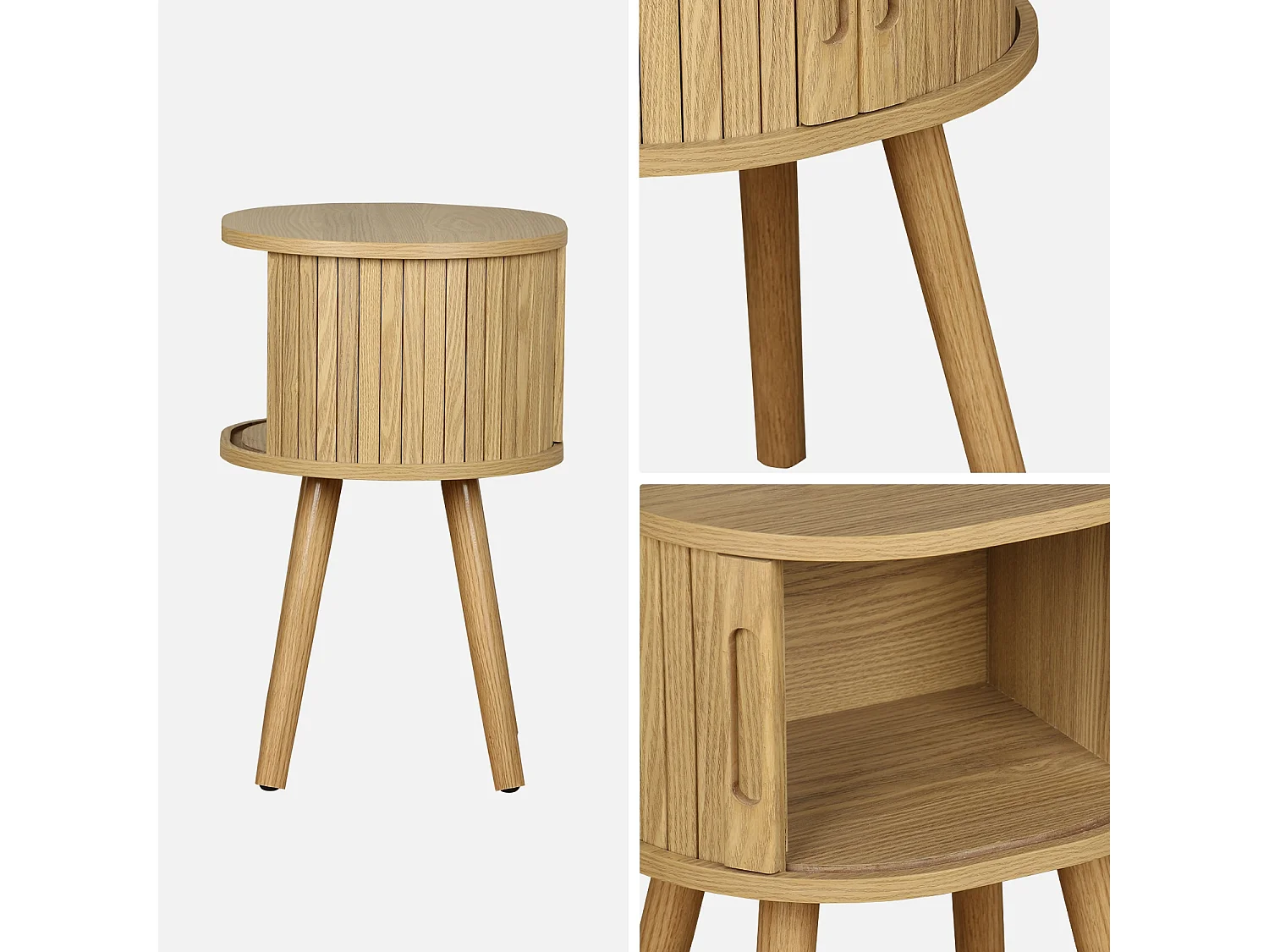 Table de chevet ovale 2 portes coulissantes poignées creusées. effet bois rainuré. L40 x l34 x H54.8cm