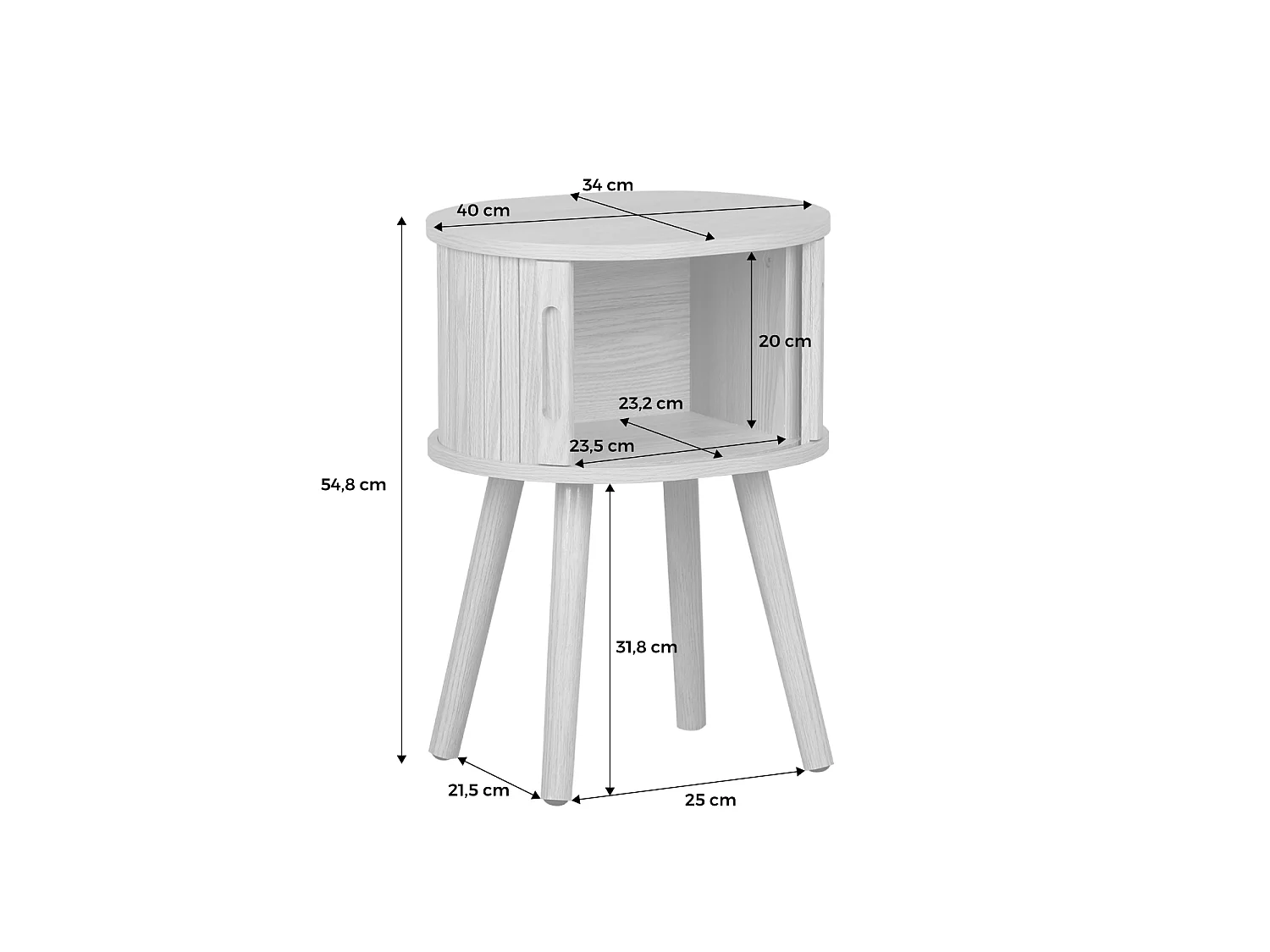 Table de chevet ovale 2 portes coulissantes poignées creusées. effet bois rainuré. L40 x l34 x H54.8cm