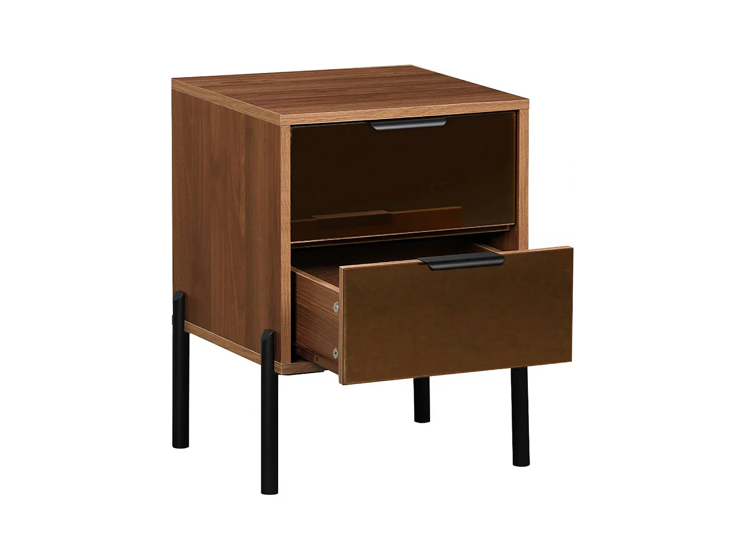 Lot de 2 tables de chevet vintage 2 tiroirs décor bois et vitres fumées. L 43 x P 38 x H 54.8cm