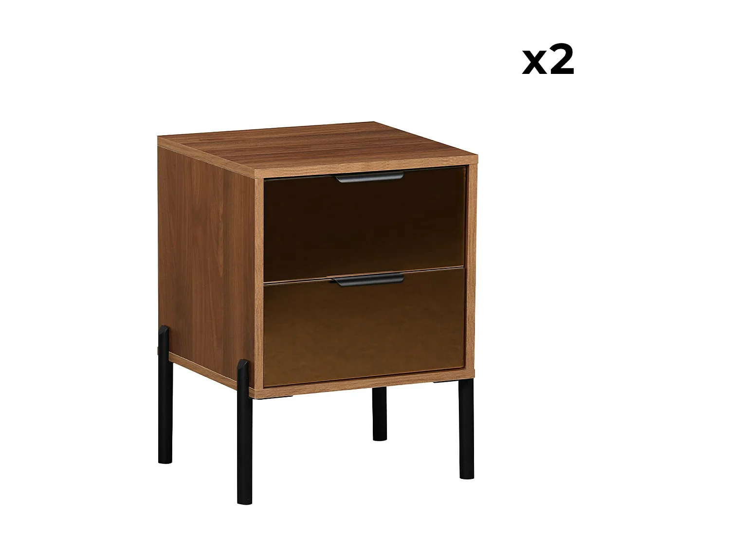 Lot de 2 tables de chevet vintage 2 tiroirs décor bois et vitres fumées. L 43 x P 38 x H 54.8cm