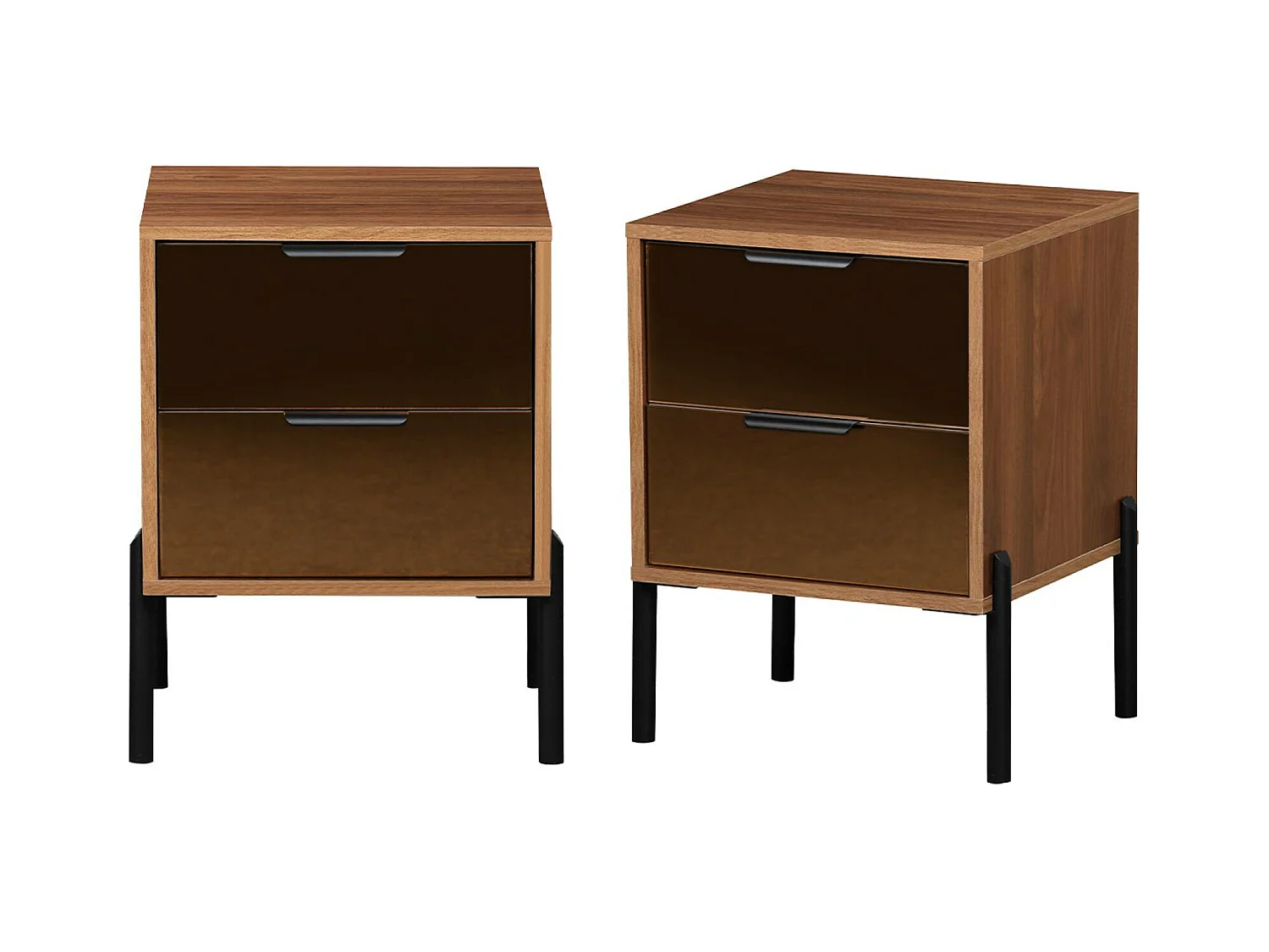 Lot de 2 tables de chevet vintage 2 tiroirs effet bois et vitres fumées. L 43 x P 38 x H 54.8cm
