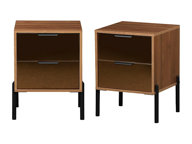 Lot de 2 tables de chevet vintage 2 tiroirs décor bois et vitres fumées. L 43 x P 38 x H 54.8cm