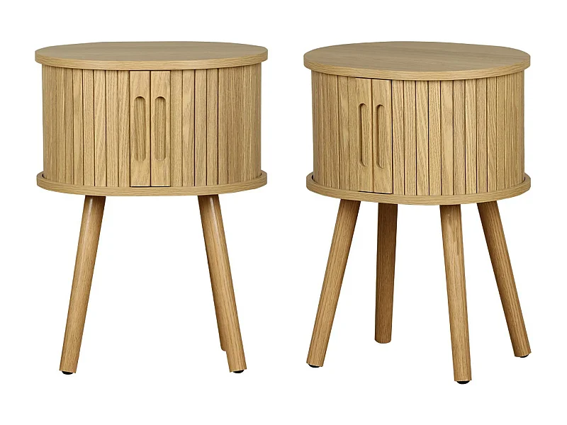 Mesita de noche ovalada escandinava con decoración madera ranurada,