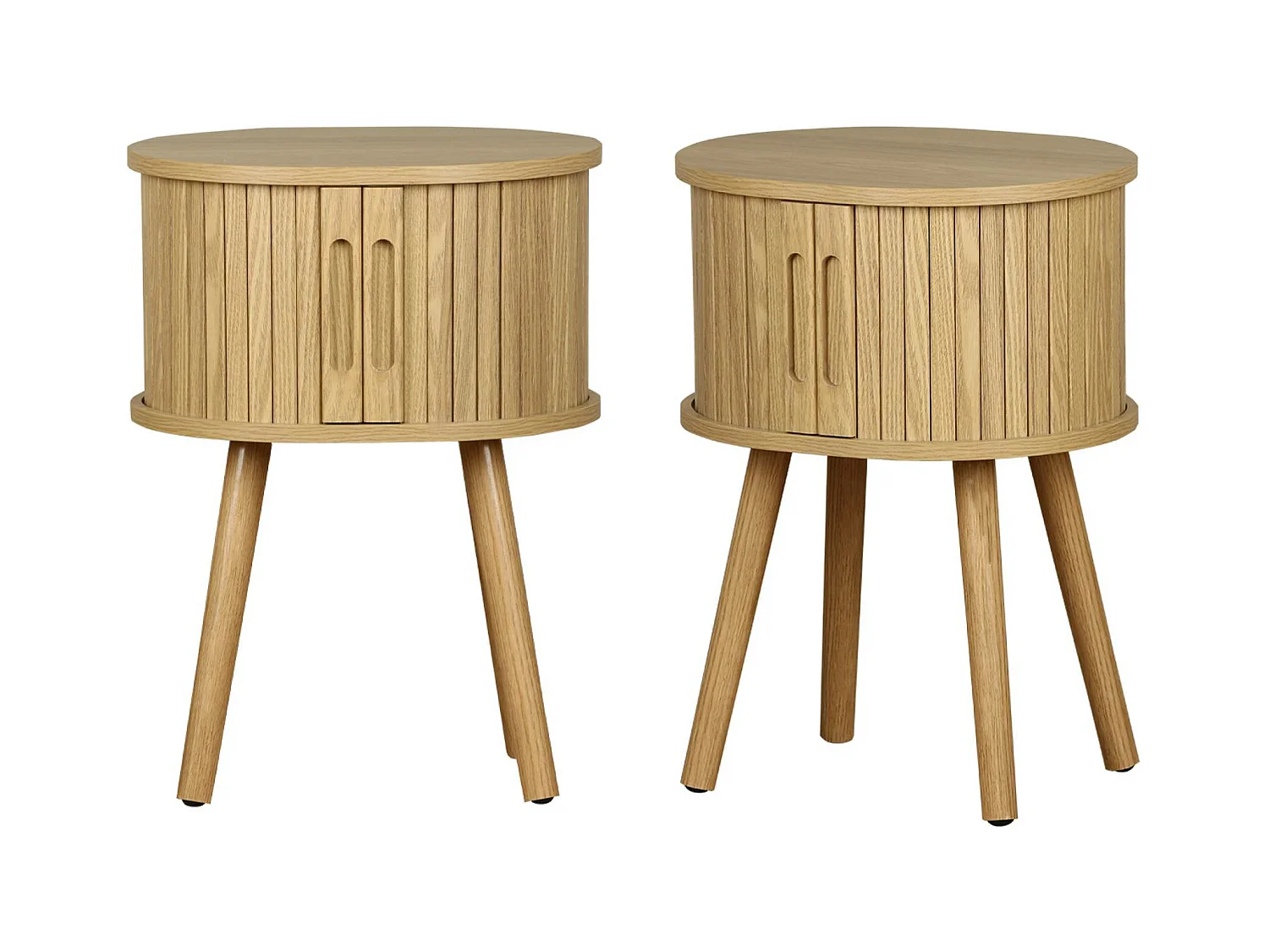 Lot de 2 tables de chevet ovale 2 portes coulissantes poignées creusées. effet bois rainuré. L40 x l34 x H54.8cm
