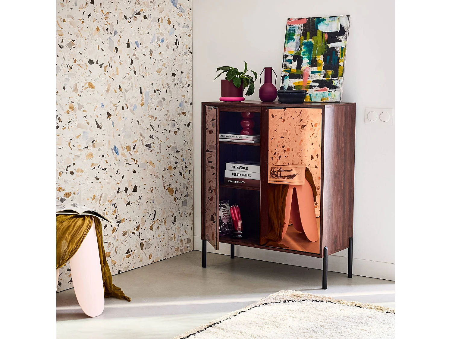 Credenza vintage effetto legno di noce, 83cm, noce