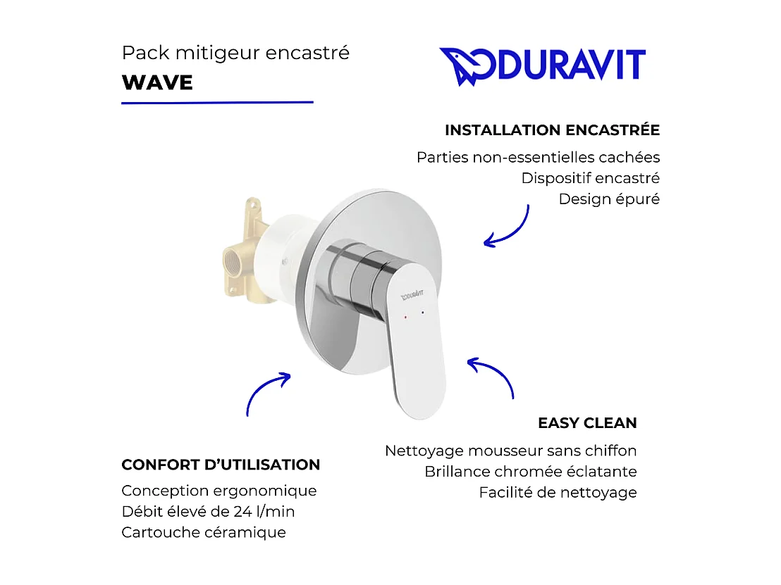 Pack mitigeur douche encastré DURAVIT Wave avec inverseur et corps encastré