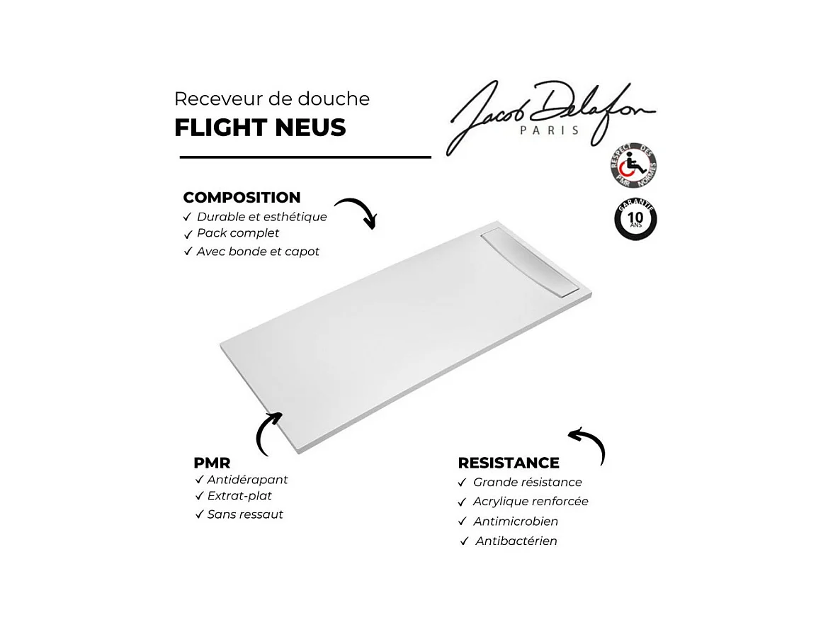 Receveur de douche antidérapant 90 x 90 JACOB DELAFON Flight Neus carré blanc + Bonde + Capot blanc