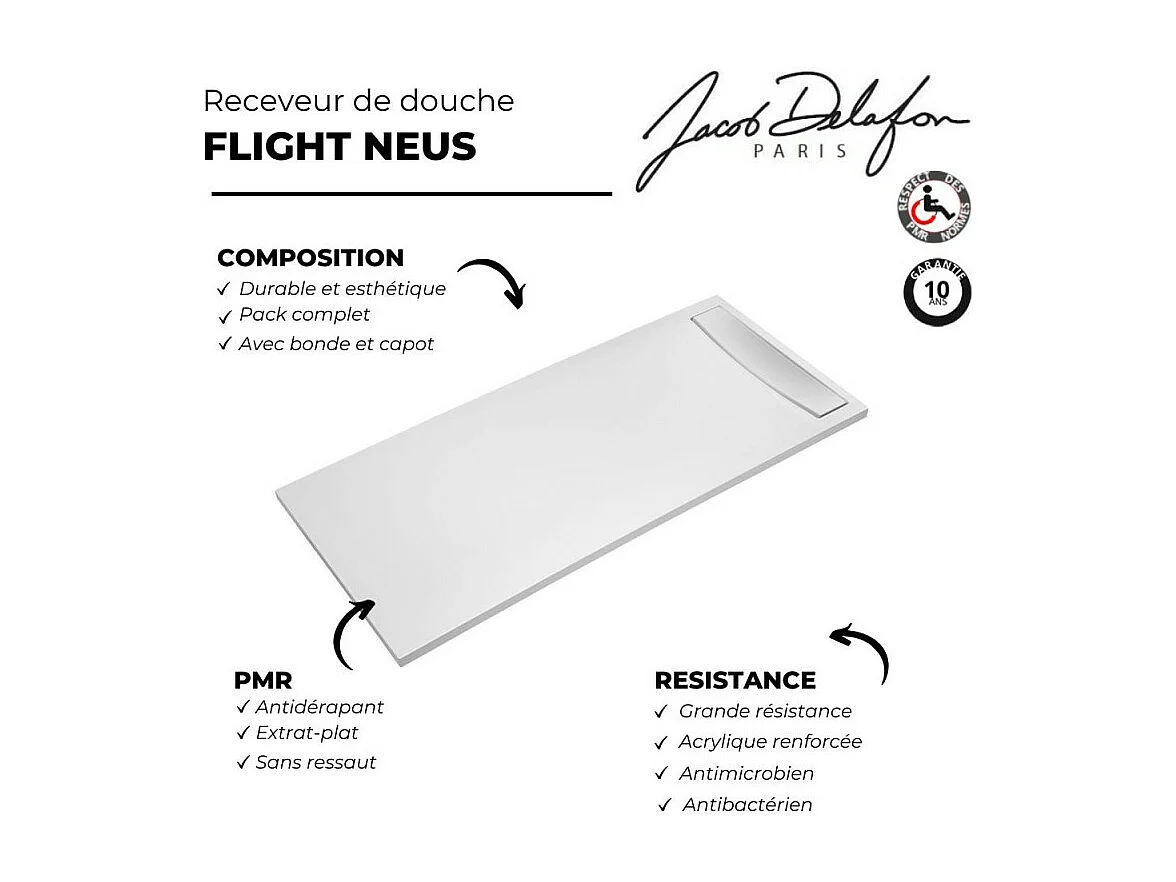 Receveur de douche antidérapant 180 x 80 JACOB DELAFON Flight Neus rectangle blanc + bonde + capot