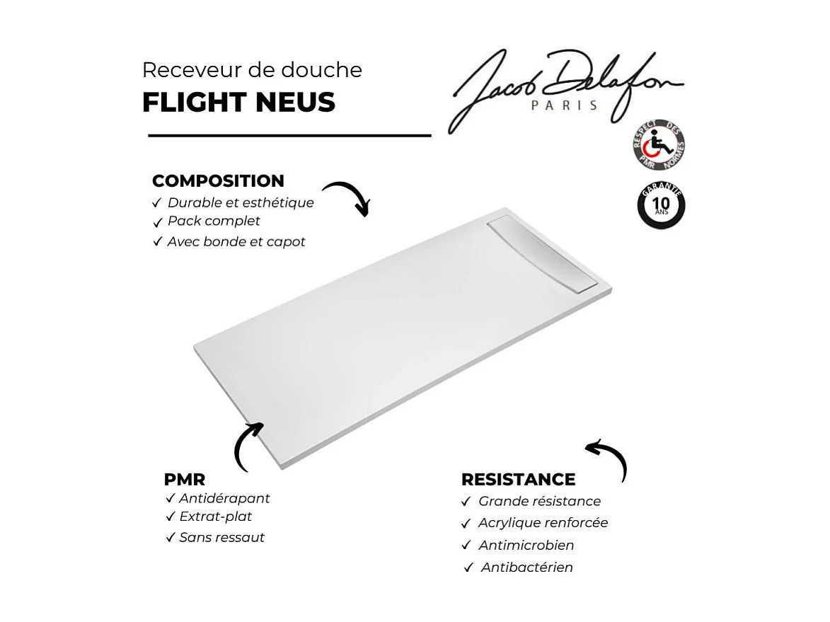 Receveur de douche antidérapant 80 x 80 JACOB DELAFON Flight Neus carré blanc + bonde + capot