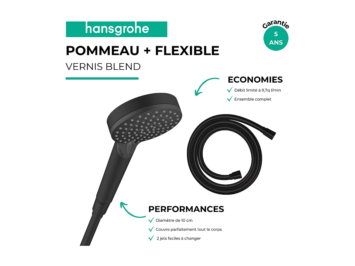 Pommeau de douche HANSGROHE Vernis Blend + Flexible Isiflex 160 cm noir mat