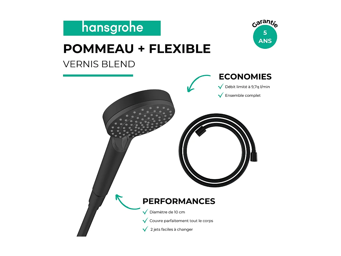 Pommeau de douche HANSGROHE Vernis Blend + Flexible Designflex 160 cm noir mat