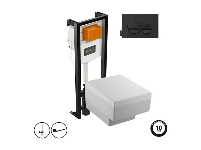 Pack WC suspendu JACOB DELAFON Terrace+ bâti-support + plaque Noir brillant/Noir mat + accessoires
