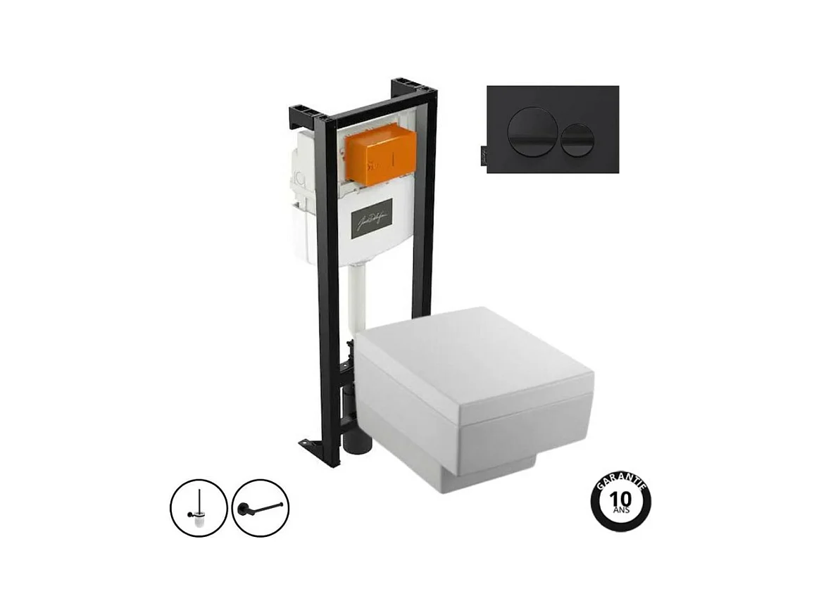 Pack WC suspendu JACOB DELAFON Terrace+ bâti-support + plaque Noir brillant/Noir mat + accessoires