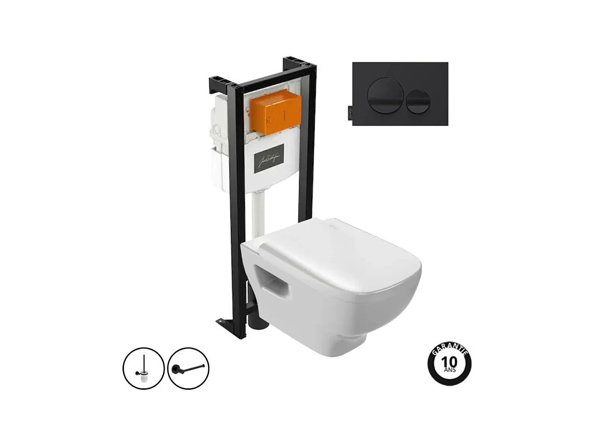 Pack WC suspendu sans bride JACOB DELAFON Struktura+ bâti-support + plaque Noir brillant/Noir mat + accessoires