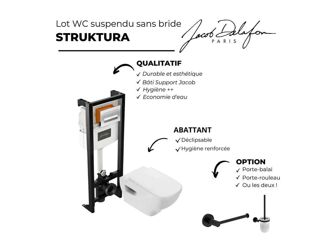 Pack WC suspendu sans bride JACOB DELAFON Struktura+ bâti-support + plaque Noir brillant/Noir mat + accessoires