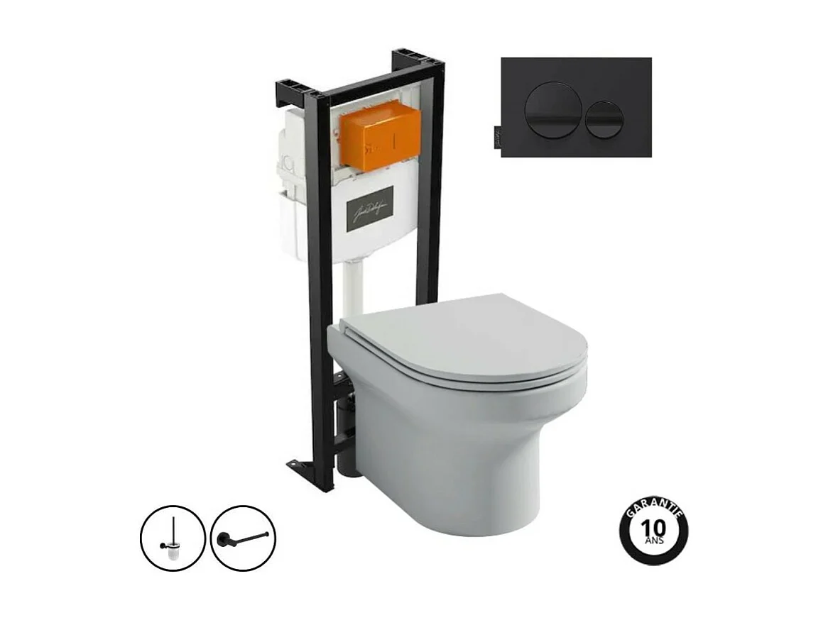 Pack WC suspendu sans bride  JACOB DELAFON Elite + bâti-support + plaque Noir brillant/Noir mat + accessoires