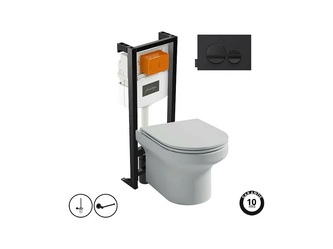 Pack WC suspendu sans bride  JACOB DELAFON Elite + bâti-support + plaque Noir brillant/Noir mat + accessoires