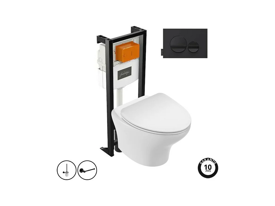 Pack WC suspendu sans bride JACOB DELAFON Nouvelle vague+ bâti-support + plaque Noir brillant/Noir mat + accessoires
