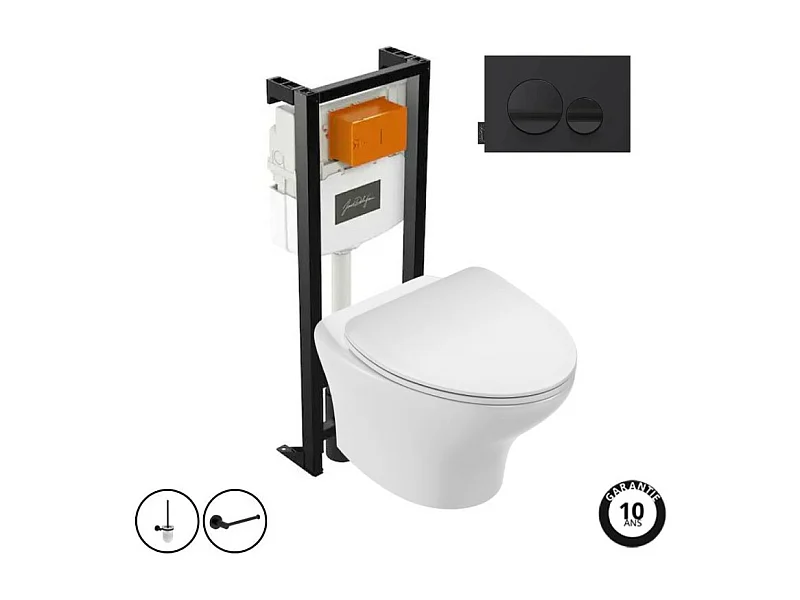 Pack WC suspendu sans bride JACOB DELAFON Nouvelle vague+ bâti-support + plaque Noir brillant/Noir mat + accessoires