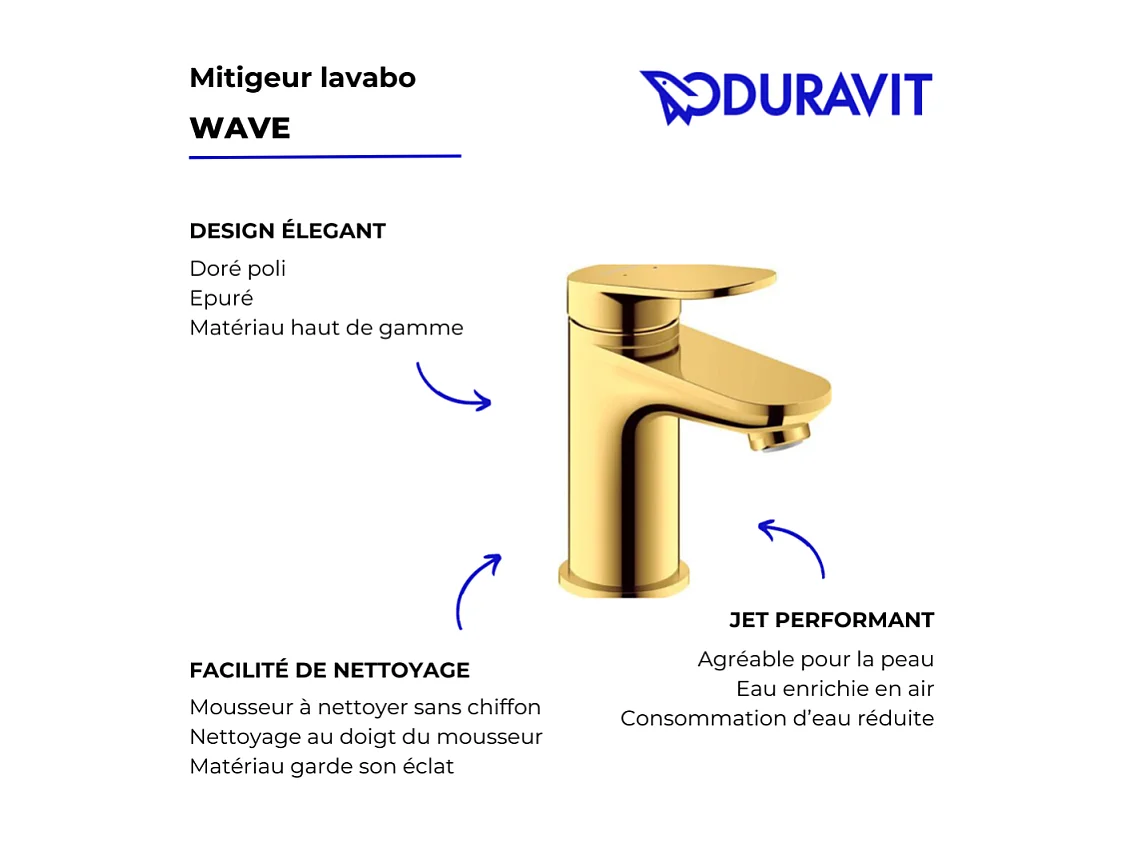 Mitigeur lavabo DURAVIT Wave S sans vidage doré poli
