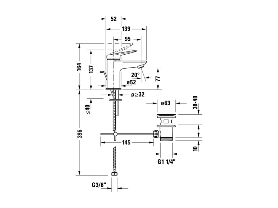 Mezclador de lavabo DURAVIT Wave S con desagüe de acero inoxidable cepillado