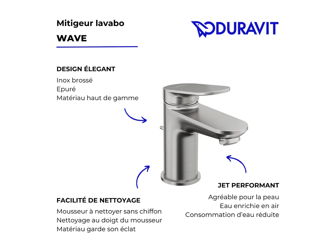 Mezclador de lavabo DURAVIT Wave S con desagüe de acero inoxidable cepillado