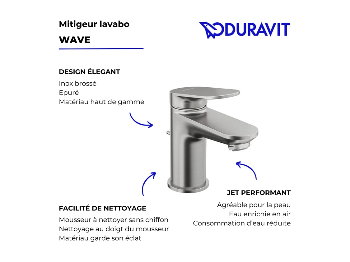 Mezclador de lavabo DURAVIT Wave S con desagüe de acero inoxidable cepillado