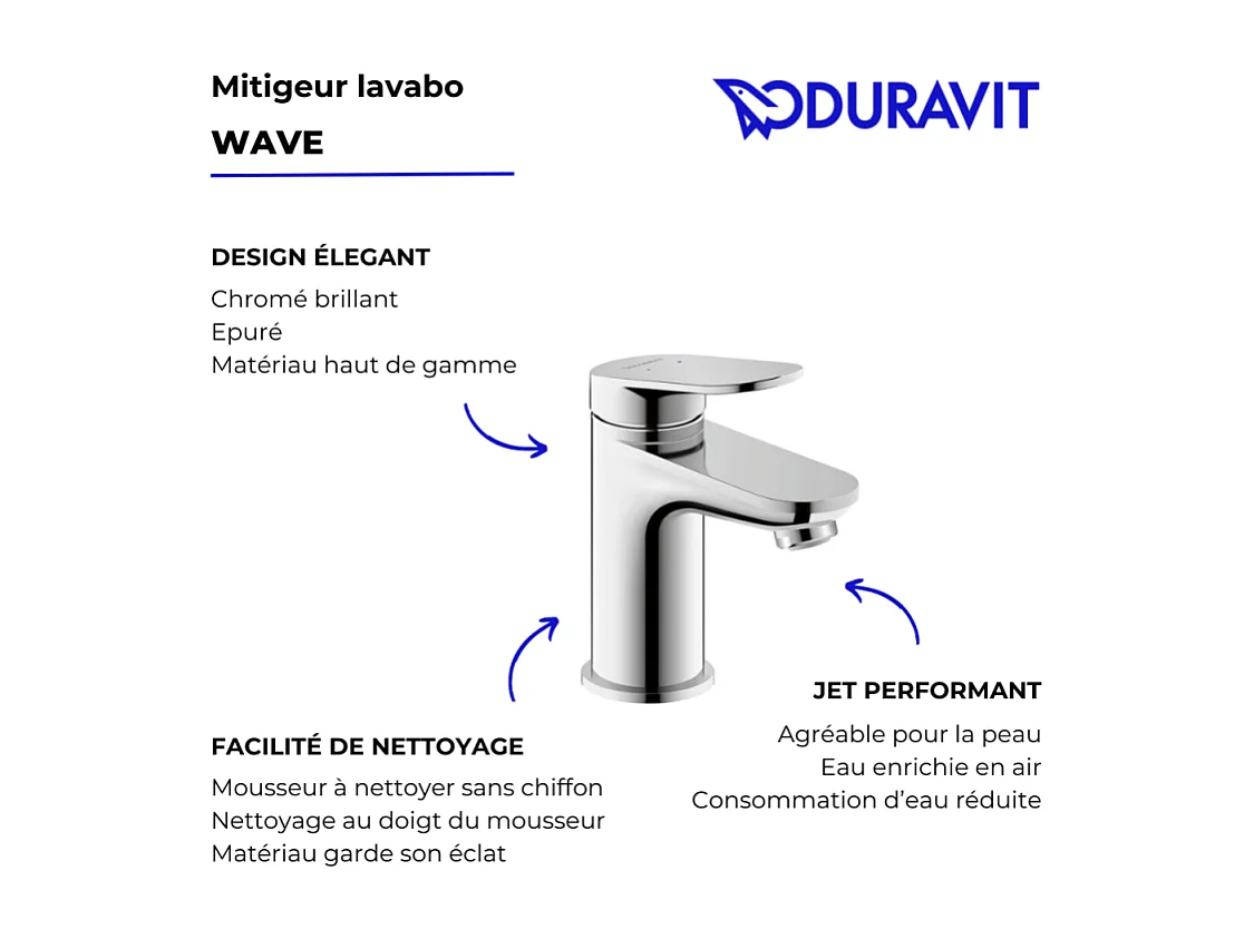 Mitigeur lavabo DURAVIT Wave S sans vidage chromé brillant