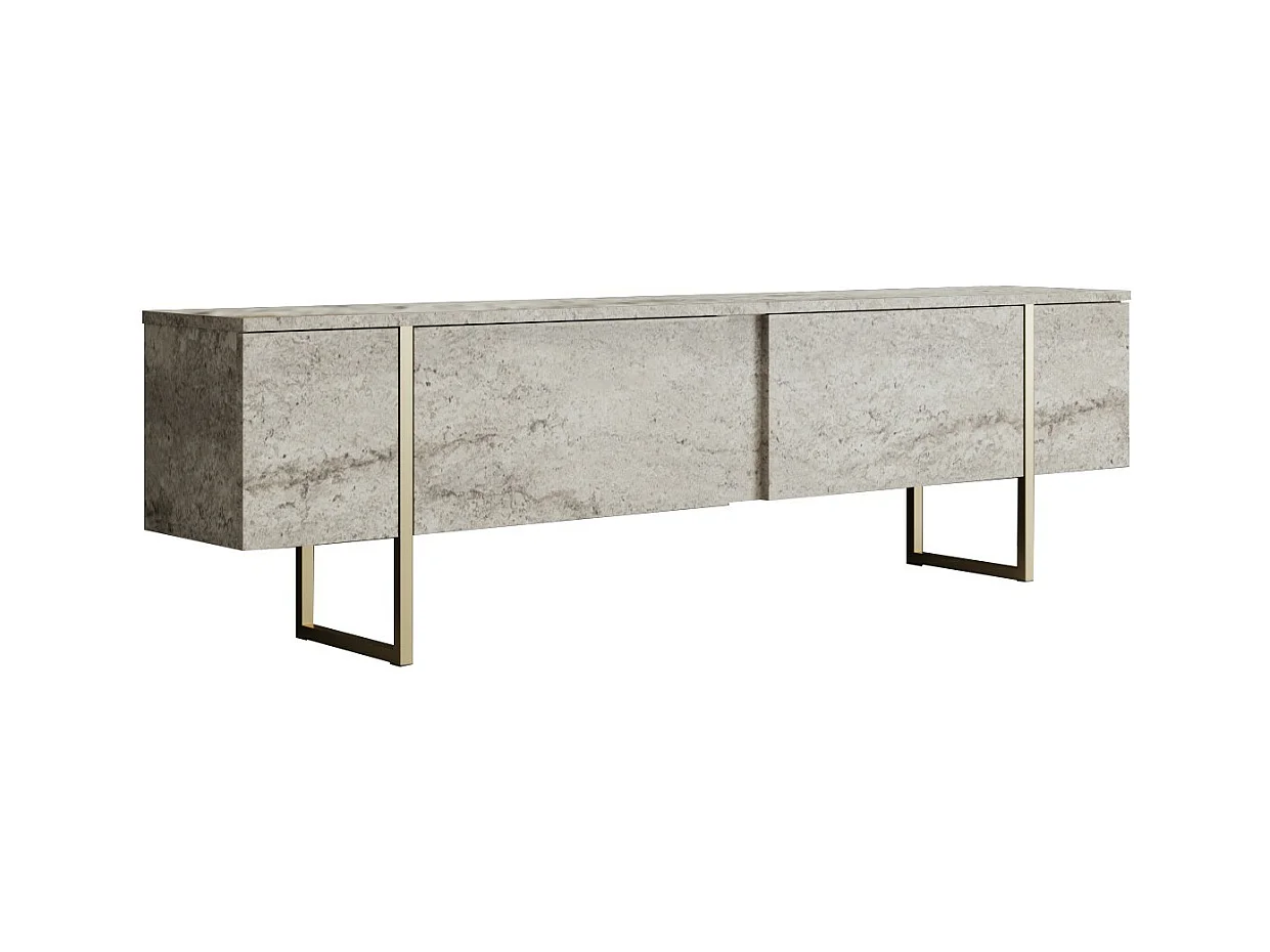 Mueble TV con 2 puertas - Efecto travertino beige y dorado - ZIRELDA