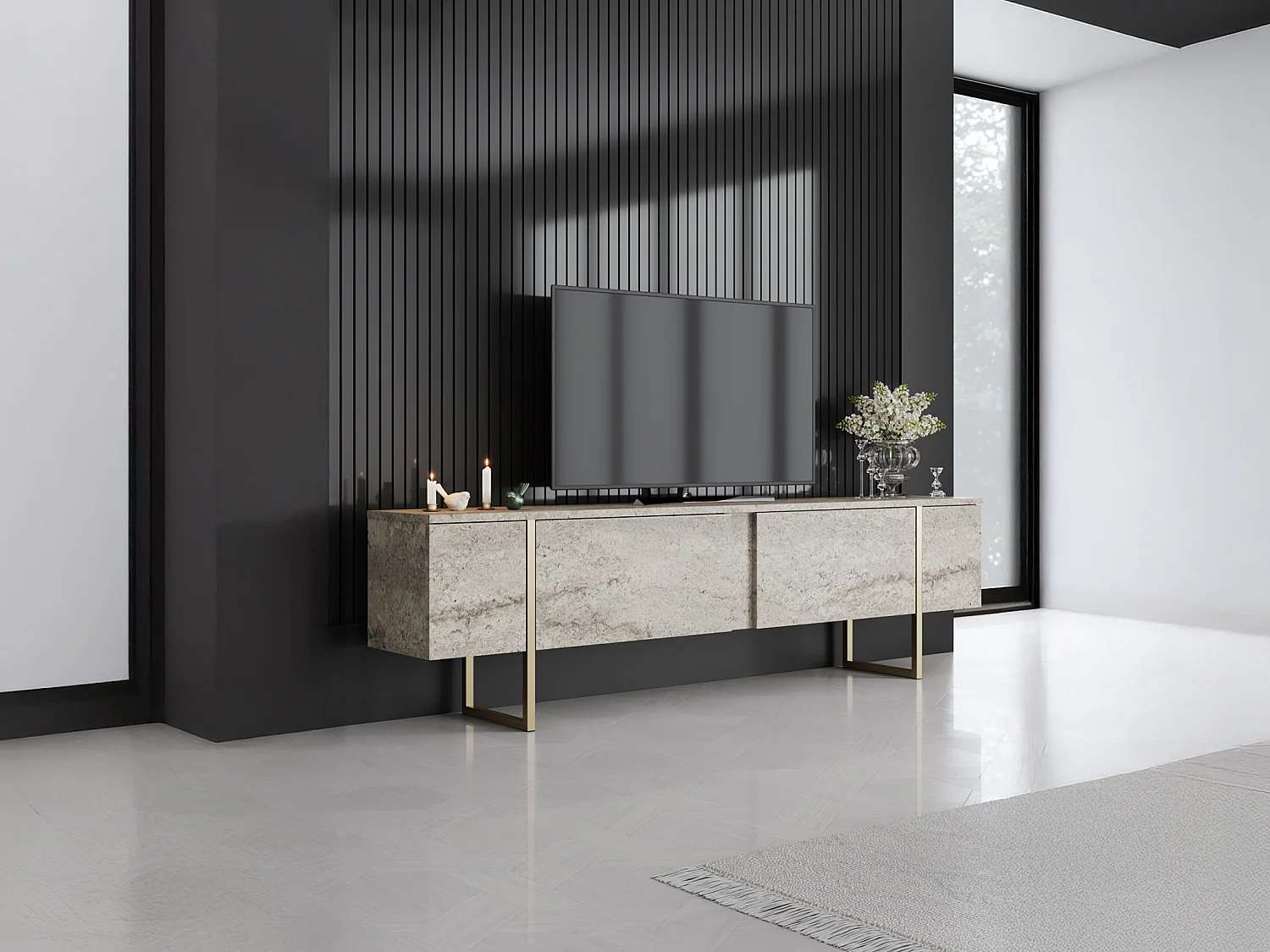 Meuble TV avec 2 portes - Effet travertin beige et doré - ZIRELDA