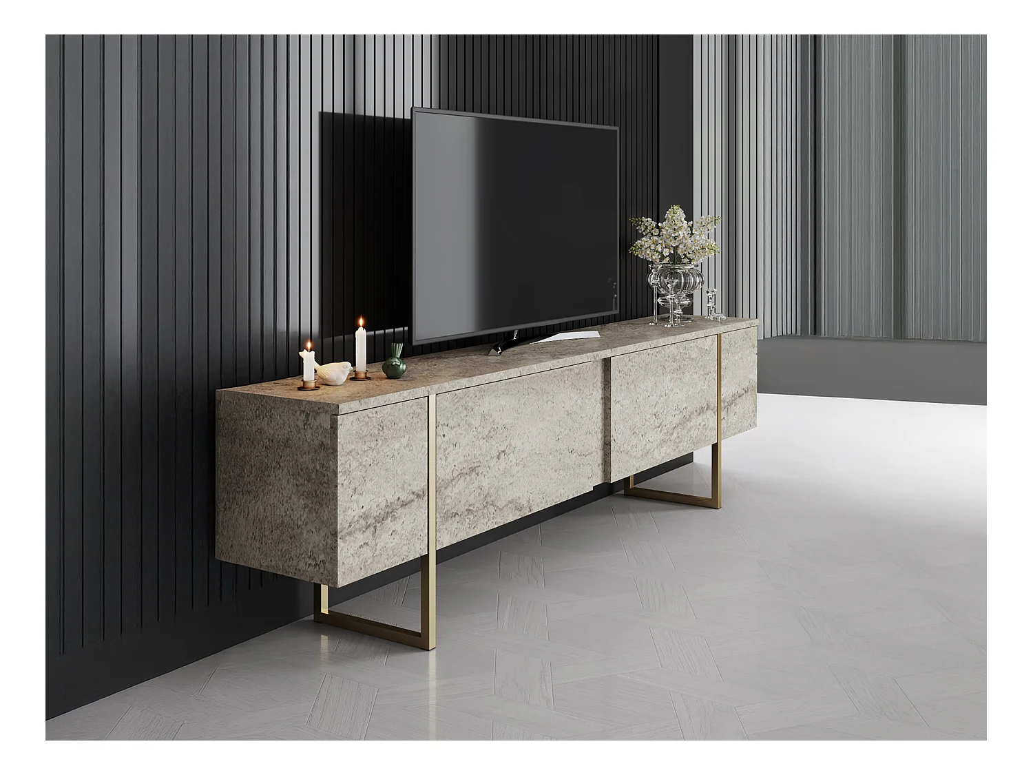 Mueble TV con 2 puertas - Efecto travertino beige y dorado - ZIRELDA