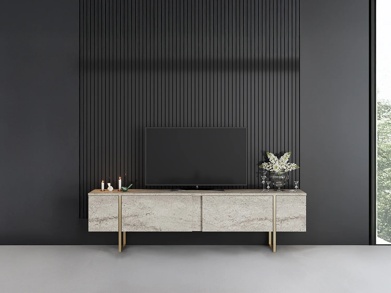 Meuble TV avec 2 portes - Effet travertin beige et doré - ZIRELDA