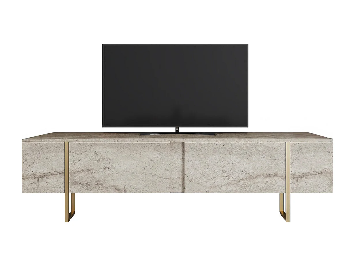 Mueble TV con 2 puertas - Efecto travertino beige y dorado - ZIRELDA