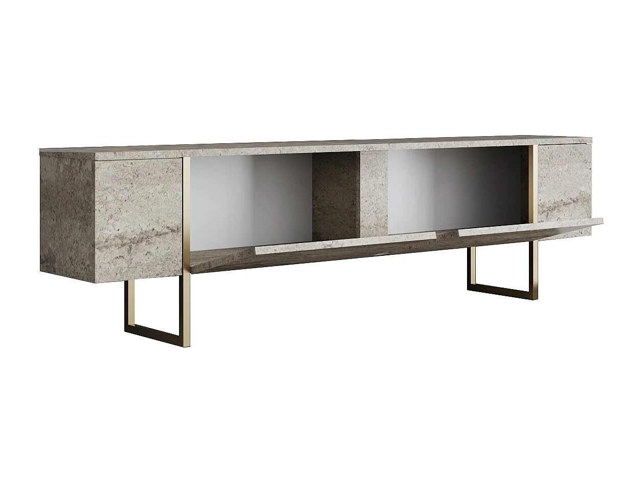 Meuble TV avec 2 portes - Effet travertin beige et doré - ZIRELDA