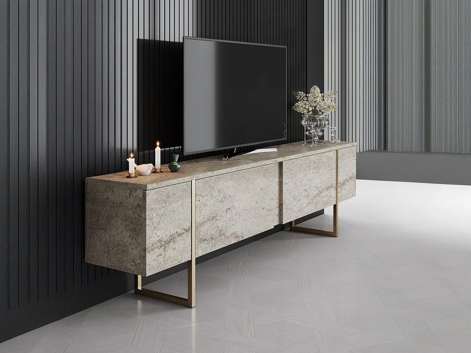 Meuble TV avec 2 portes - Effet travertin beige et doré - ZIRELDA