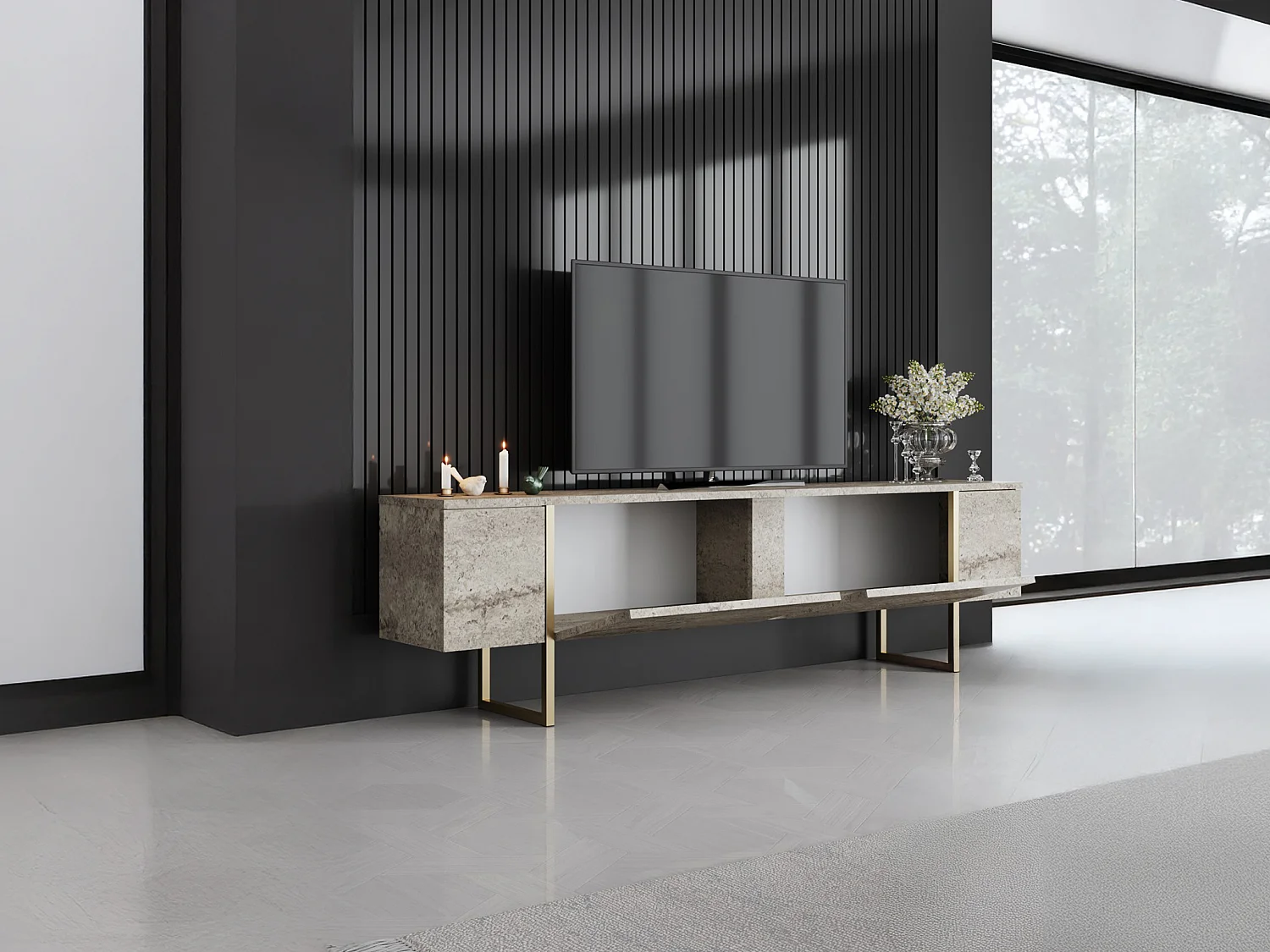 Meuble TV avec 2 portes - Effet travertin beige et doré - ZIRELDA