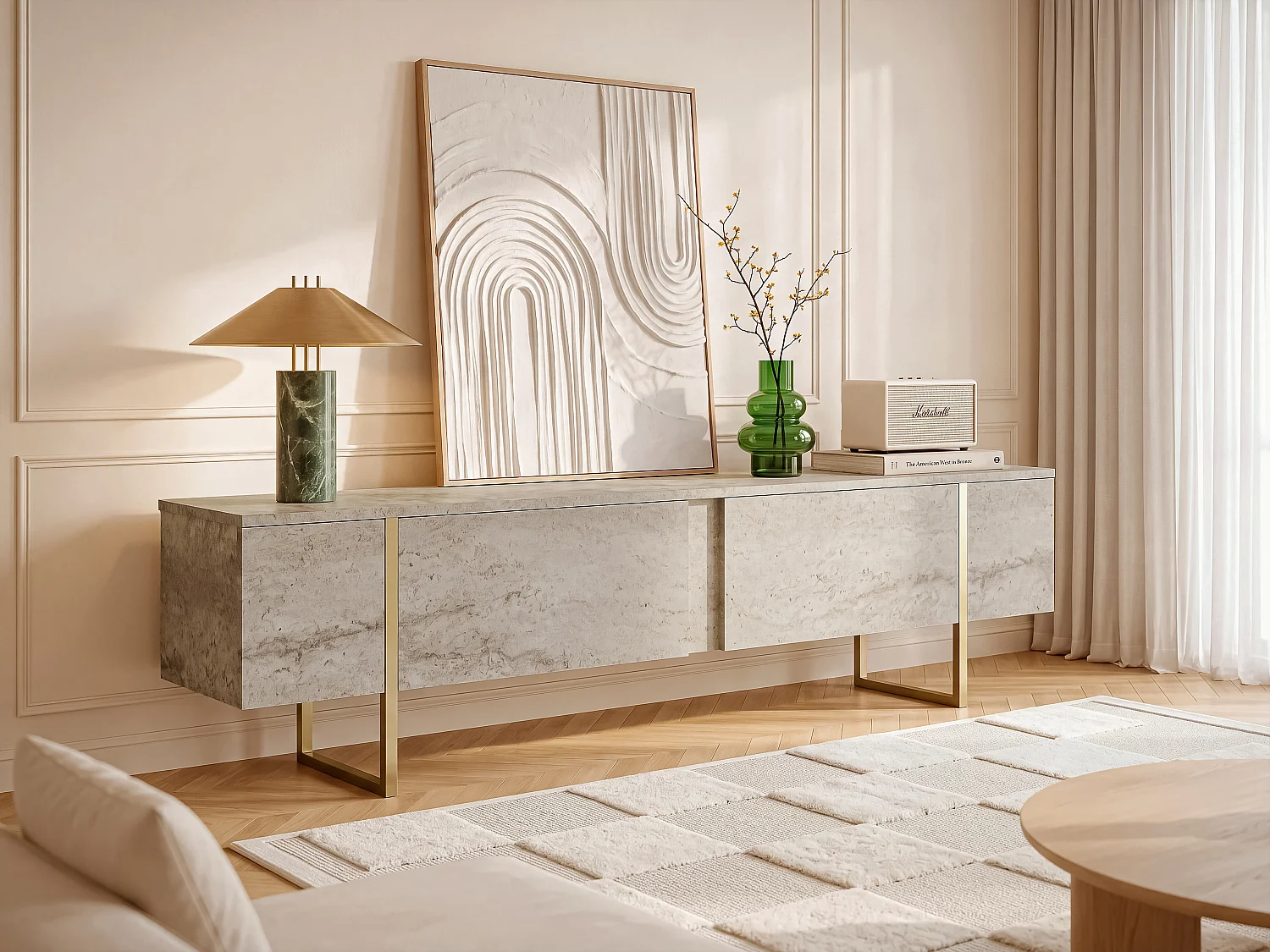 Meuble TV avec 2 portes - Effet travertin beige et doré - ZIRELDA
