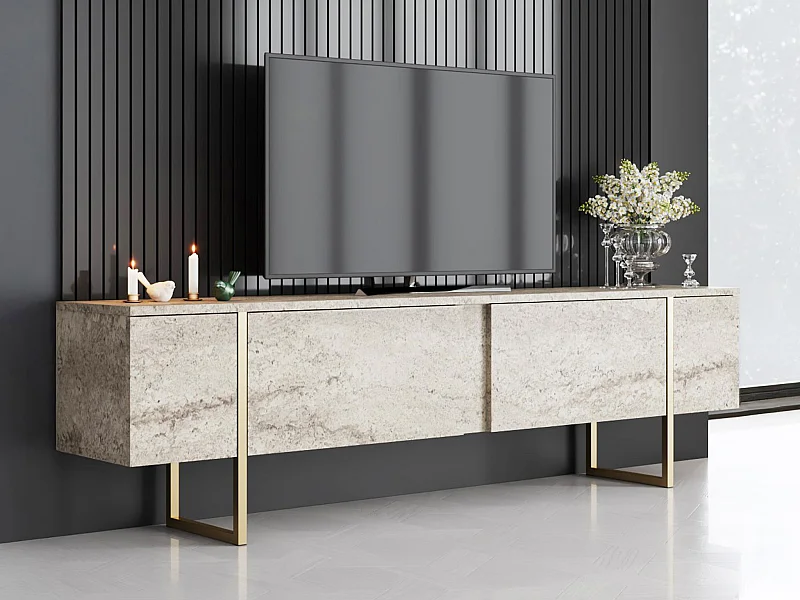 Tv-meubel met 2 deurtjes - Beige travertijnlook en goudkleurig - ZIRELDA