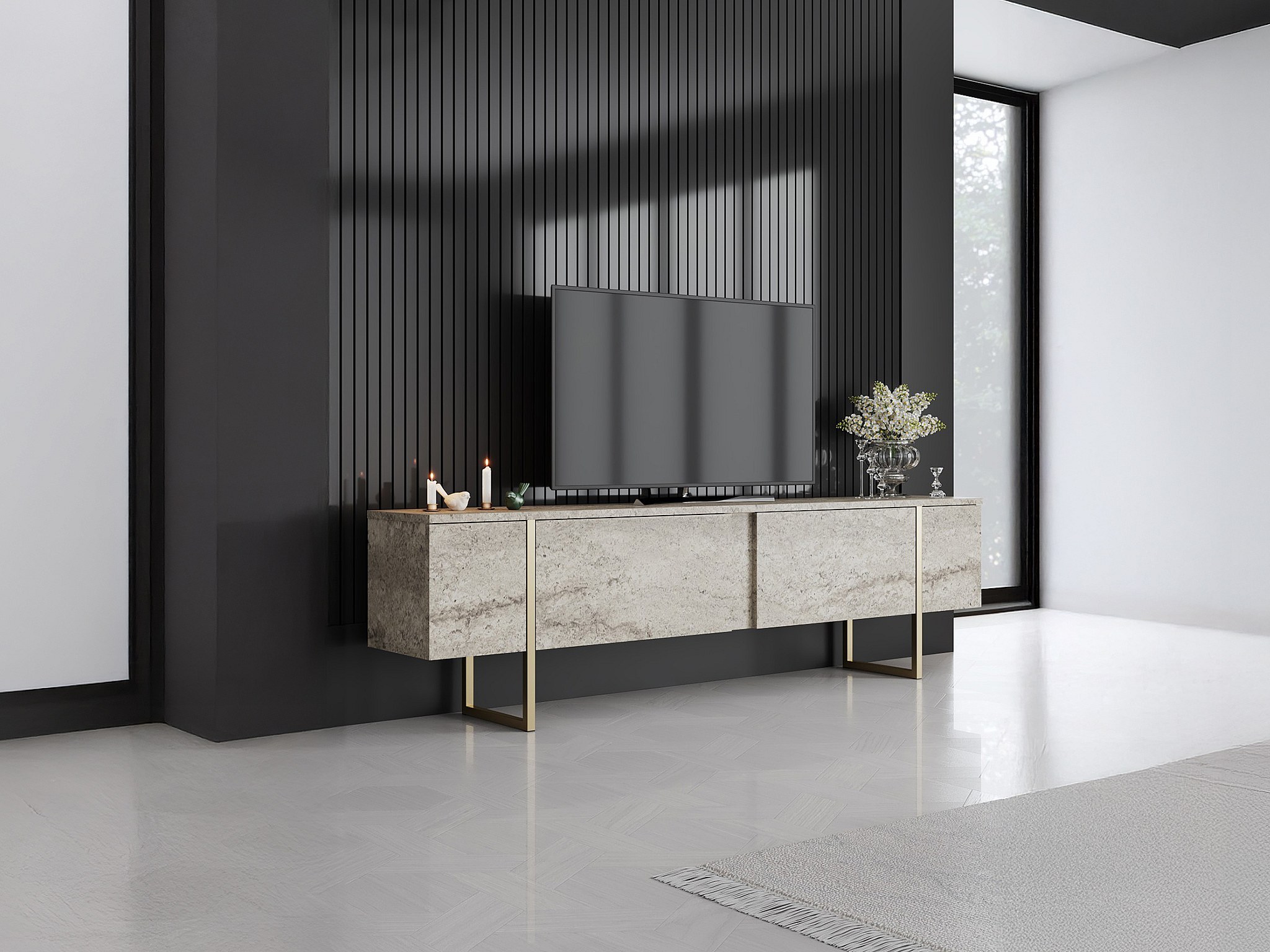 Meuble TV Avec 2 Portes Effet Travertin Beige Et Dor ZIRELDA